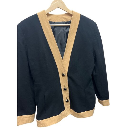 Progressive Image Vintage 80's Black and Tan Crepe Worsted Wool Blazer - Picture 1 of 9